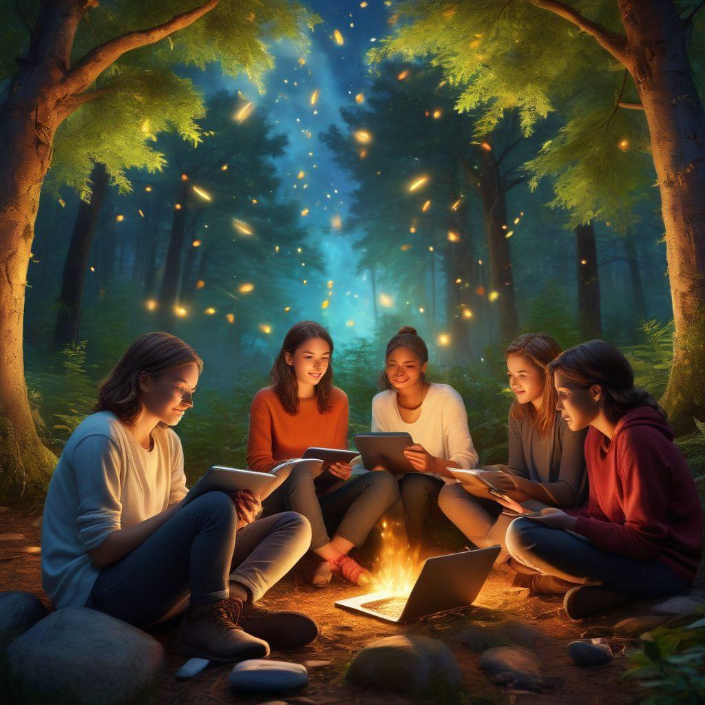 A diverse group of individuals sitting around a digital campfire, each sharing their stories through laptops and tablets, with vibrant expressions. The backdrop features a lush, enchanted forest filled with glowing fireflies symbolizing creativity and inspiration. The atmosphere is warm and inviting, showcasing elements of storytelling like speech bubbles and digital pages floating in the air. super-realistic. vibrant colors. warm tones.