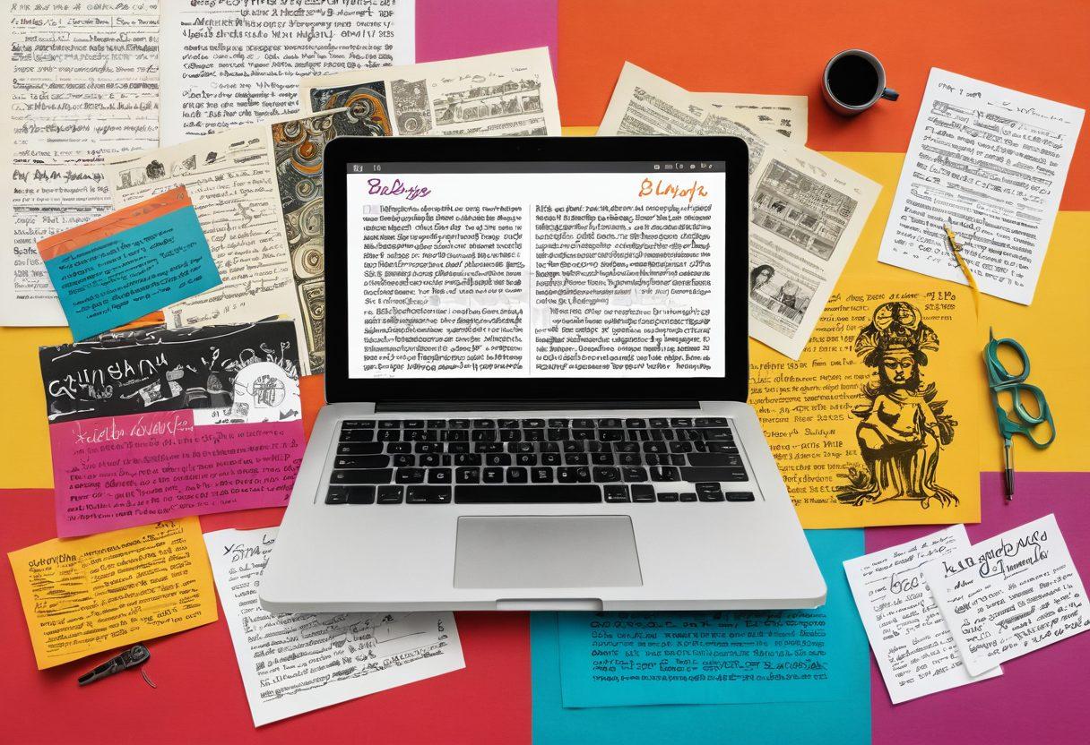 A collage depicting the evolution of blogging, featuring an open diary with handwritten entries transitioning into a modern laptop displaying a vibrant blog interface. Around the diary, elements representing the Goorg Community, such as cultural symbols and traditional attire, are integrated. The background evolves from vintage paper to a dynamic digital landscape showcasing social media icons. Bright colors and a blend of realism and stylized art enhance the visual story. super-realistic. vibrant colors. digital landscape.