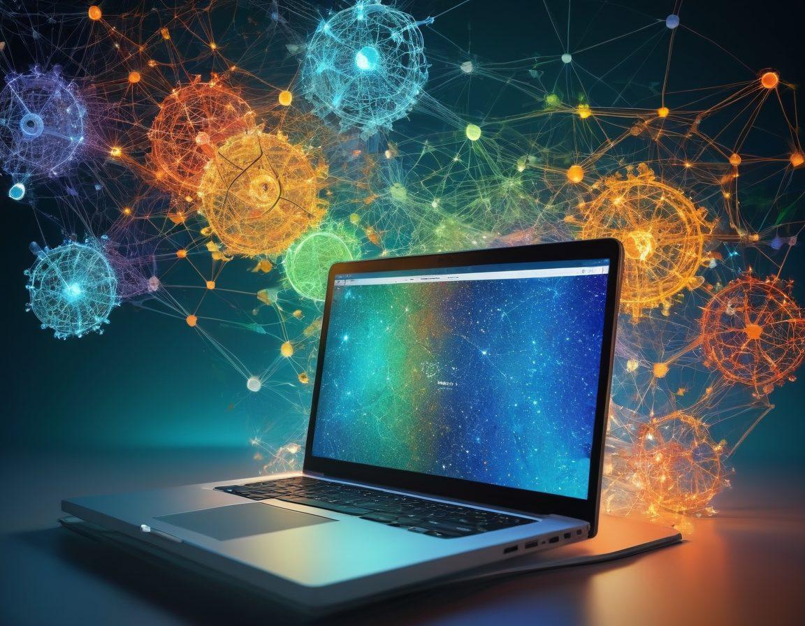 A vibrant digital landscape showcasing interconnected blog posts represented as colorful nodes on a network grid, with a central figure typing on a laptop that emits light towards the nodes. Surrounding this scene, include elements symbolizing creativity such as sparkles, lightbulbs, and gears, representing content creation. The color scheme should be energetic with blues, oranges, and greens. super-realistic. vibrant colors. 3D.